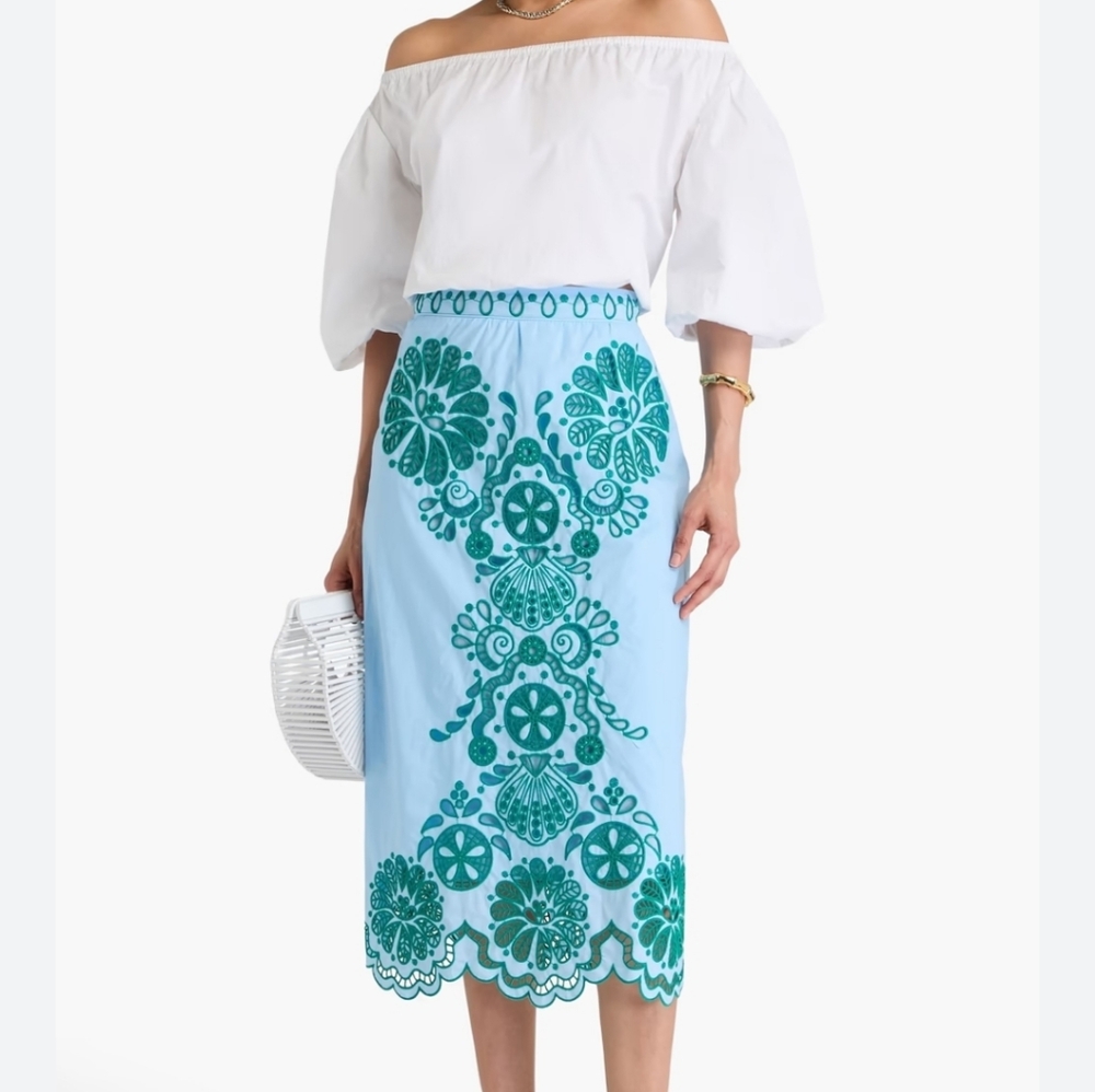 Farm Rio Richelieu Broderie Anglaise Sea Theme Midi Skirt Blue & Green XL
